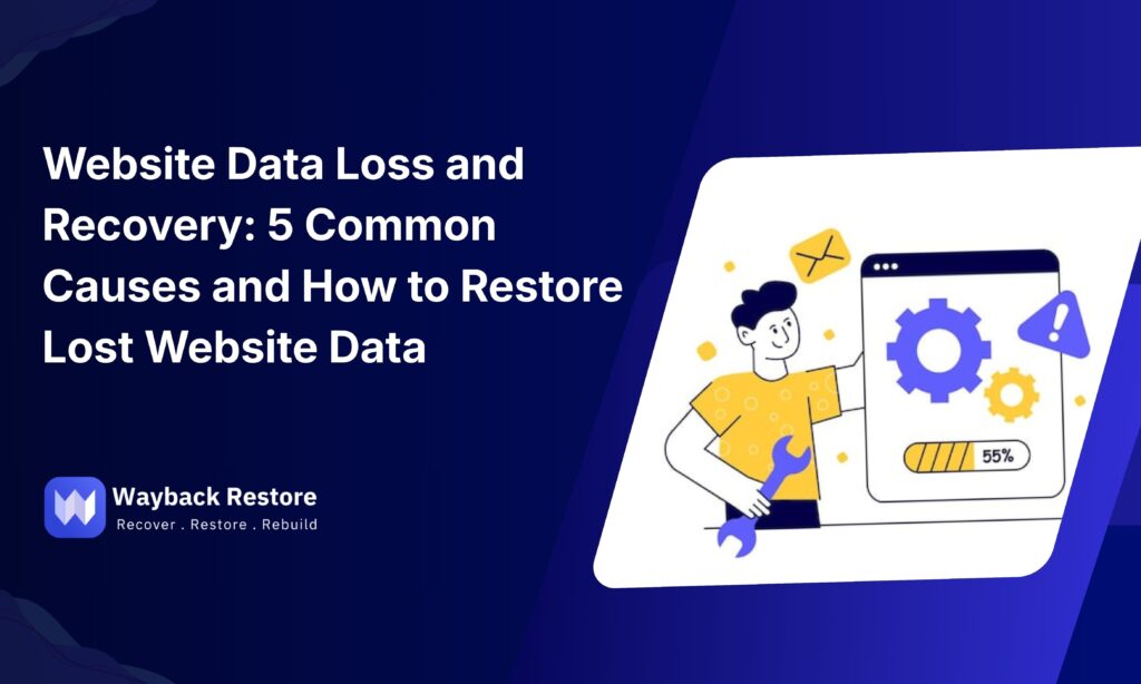 Illustration showing website data loss and recovery process with gears, warning icons, and a recovery progress bar.