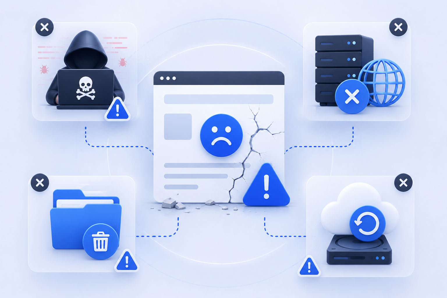 Common website loss scenarios including hacked website, deleted files, expired hosting, broken backups, and website recovery issues illustration