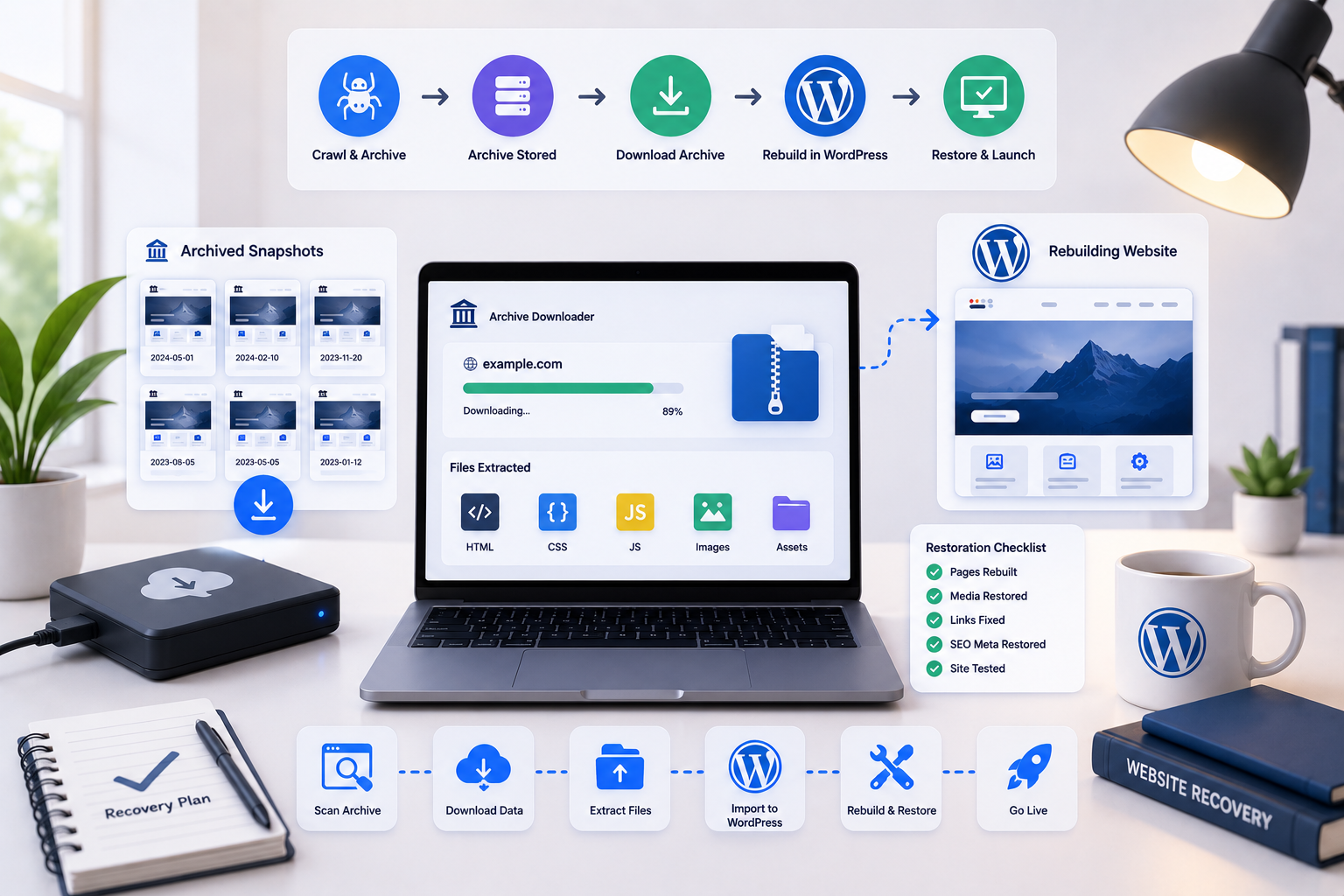 Website restoration workflow in an office