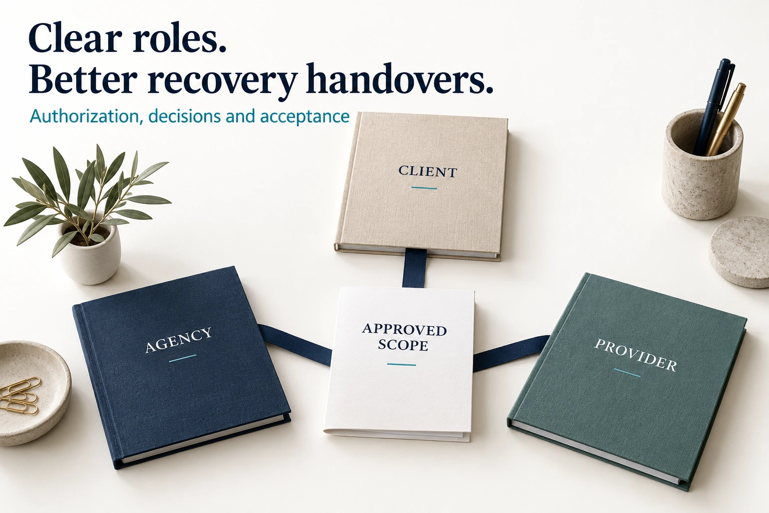 Illustrative client, agency and provider dossiers connected to an approved scope sheet.