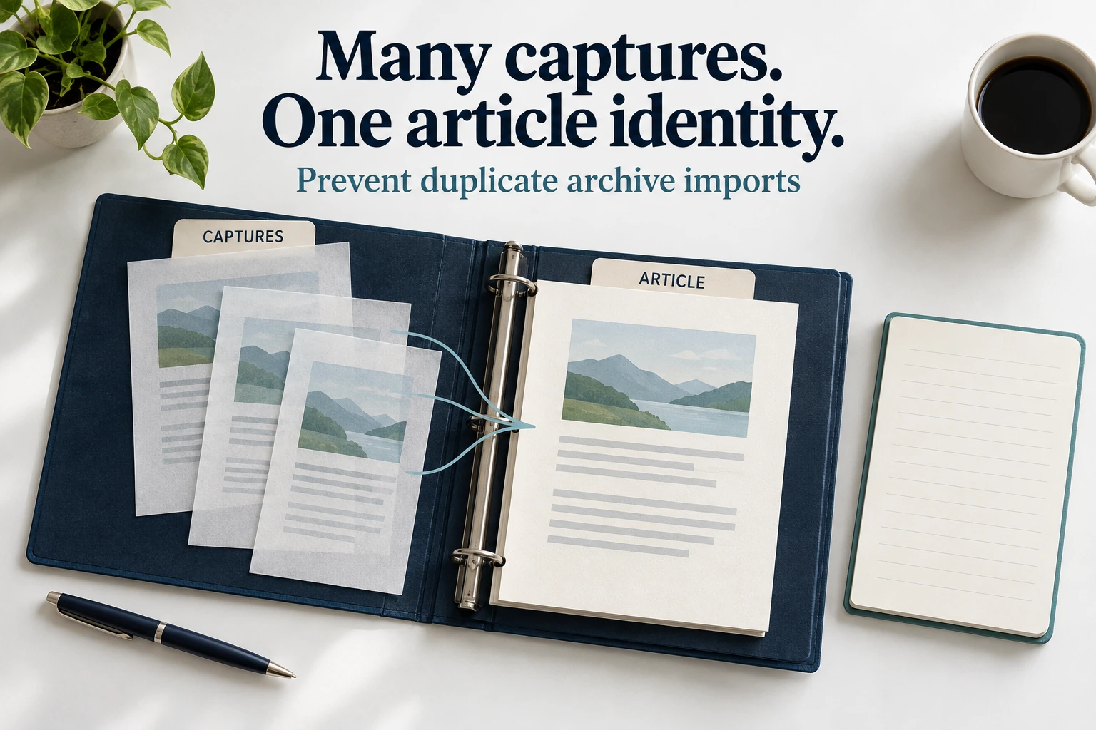 Conceptual archive binder showing several capture observations and one article identity alongside a blank ledger.